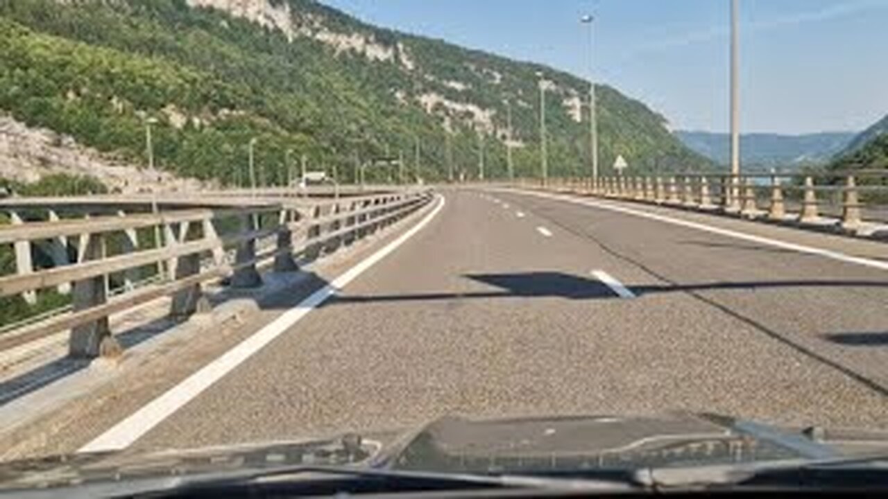 Bridges and tunnels on the A40 French Autoroute, northbound. Scenic driving in France.