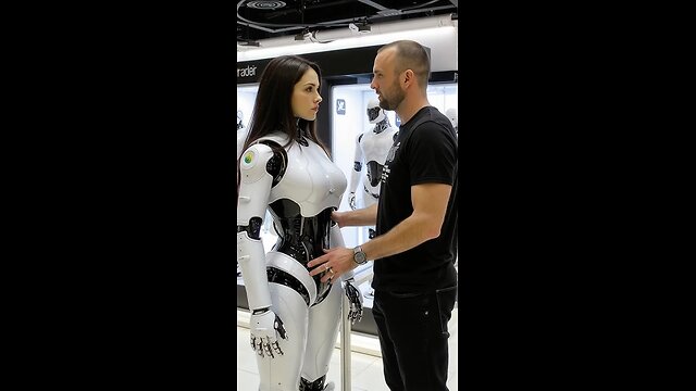 Robot woman kisses man