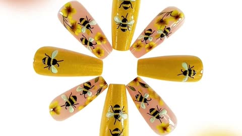 💅 Coffin Press-On Nails – Yellow Bee & Flower Design 🌼🐝