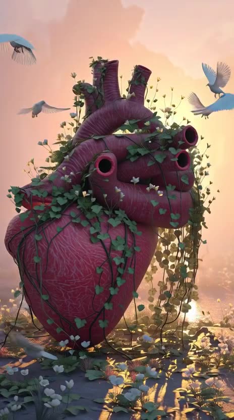 A surreal, ultra-realistic scene of a gigantic human heart