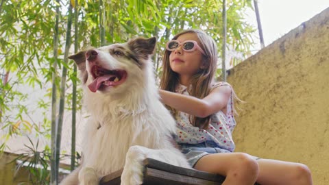 A stylish little girl gently caressing her dog while they relax in a sunny, beautiful backyard.
