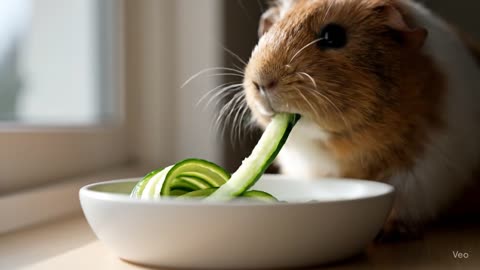 Cute guinea pig eating spaghetti