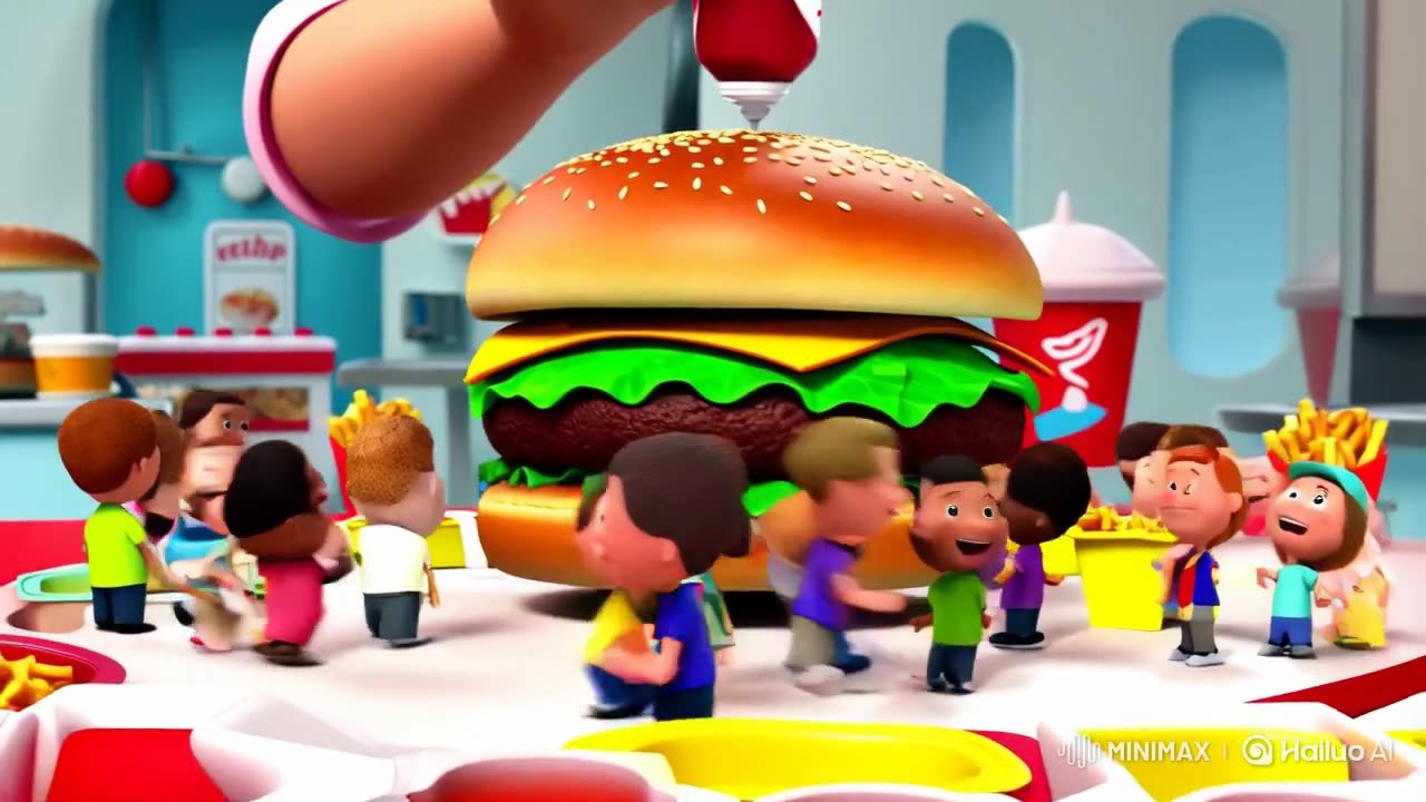 A group of miniature figures are bustling around a giant - sized hamburger.