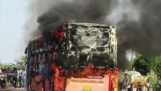At least 20 dead in bus fire on highway in India after jammed door traps many passengers