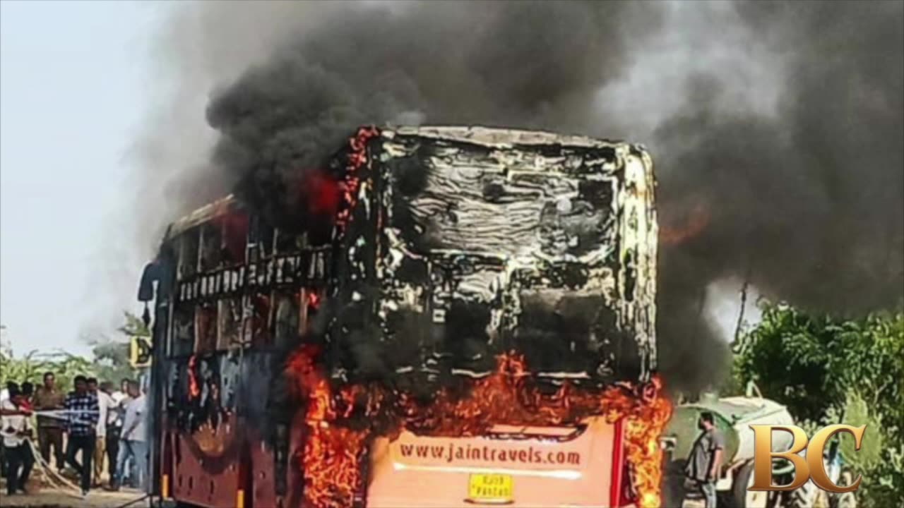 At least 20 dead in bus fire on highway in India after jammed door traps many passengers
