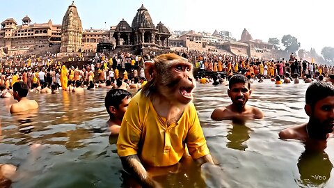 Monkey take bath in Ganga river