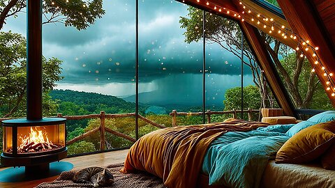 Relax & Rest • LIVE Sleep 🌙 Music + Rainfall 🌧️ & Fireplace 🔥•Peaceful Ambience • Forest Cozy Cabin