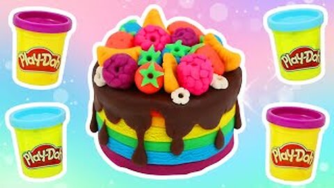Let's Make A Rainbow Play Doh Cake with Fruit Toppings!