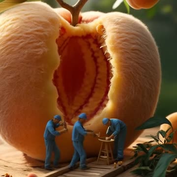 Friends gather on wooden platform beside giant peach 🍑 Excitement fills the air! #friends