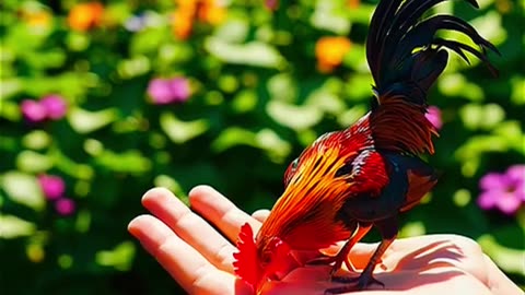 A rooster the size of a butterfly stands on the palm of a child on the farm - an unbelievable sight!