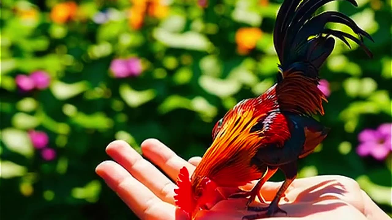 A rooster the size of a butterfly stands on the palm of a child on the farm - an unbelievable sight!