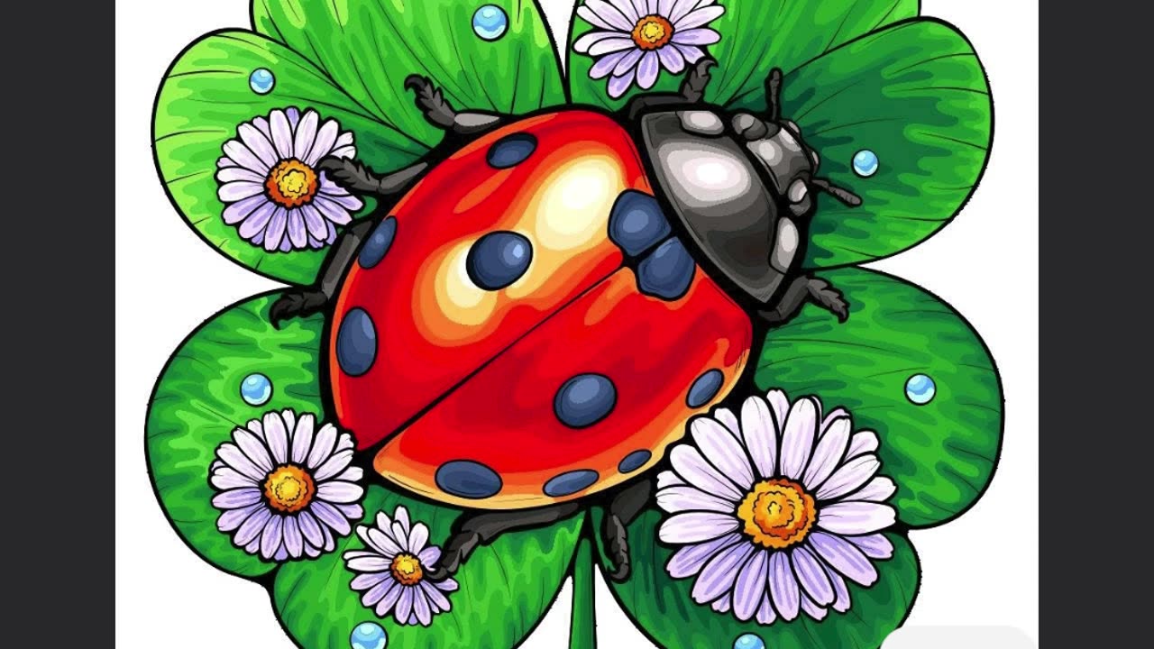 Bright Ladybug on Clover Surrounded by Daisies Depicting Nature and Luck