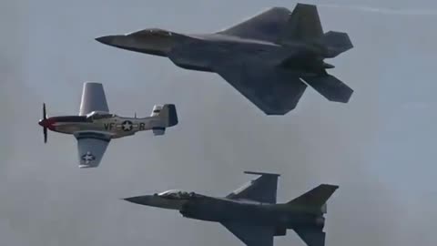 The F-22 looks huge compared to the F-16 and P-51!