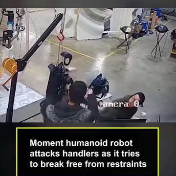 Moment humanoid robot attacks handlers as it tries to break free from restraints