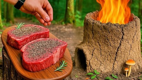 Primitive Steak Cooking 🍖 | Clay Oven Built from Mud and Sticks | Survival Bushcraft Cooking