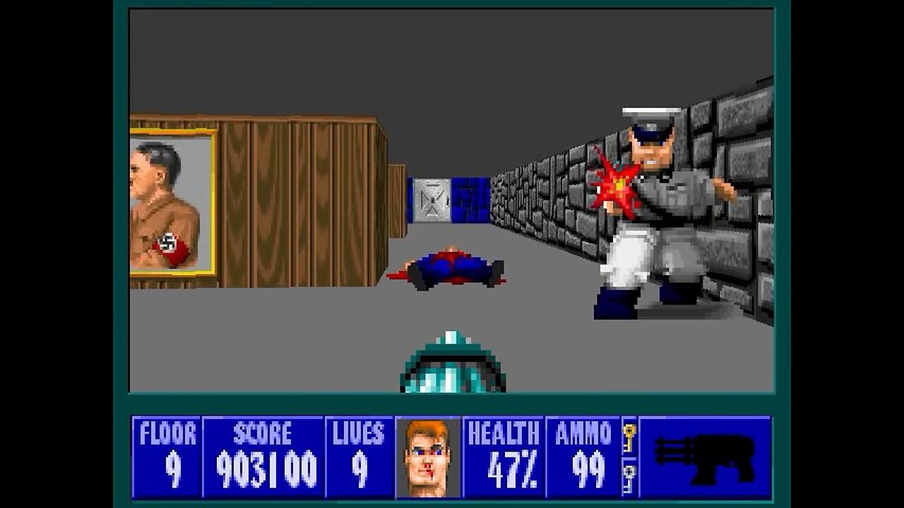 Wolfenstein 3D, DOS, 1992 - 100% Complete, Episode 4 Floor 9 (A Dark Secret) (Boss Level)