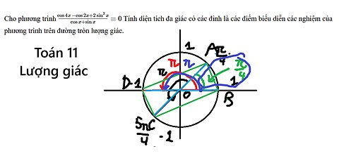 Toán 11: Cho phương trình (cos 4x − cos2x + 2 sin^2 x)/( cos x + sin x) = 0 Tính diện tích đa giác