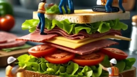 Miniature Construction Crew Building a Giant Sandwich