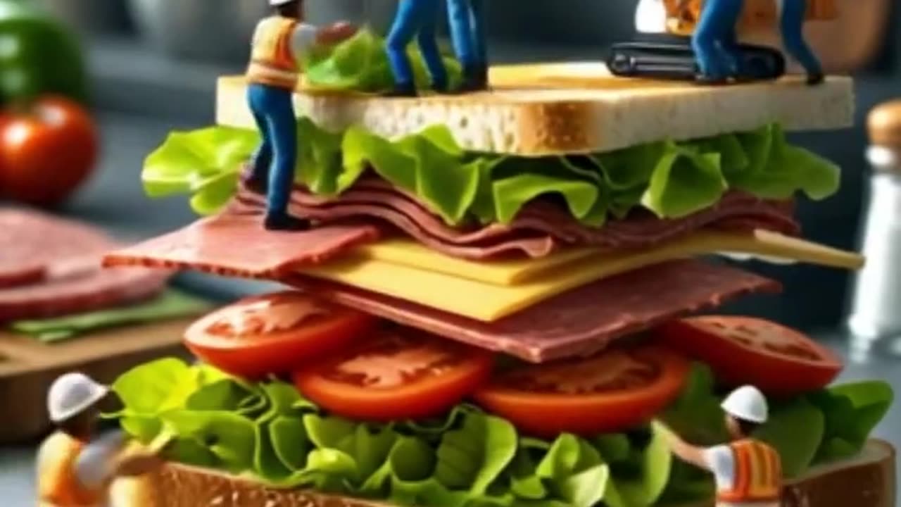 Miniature Construction Crew Building a Giant Sandwich