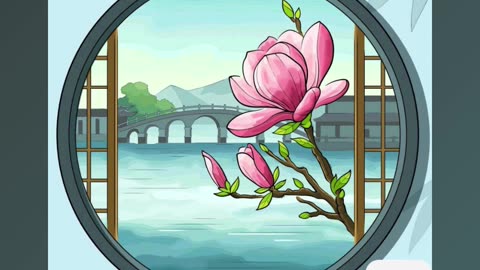 Peaceful Scene with Blooming Flowers Framed by Circular Window Over River