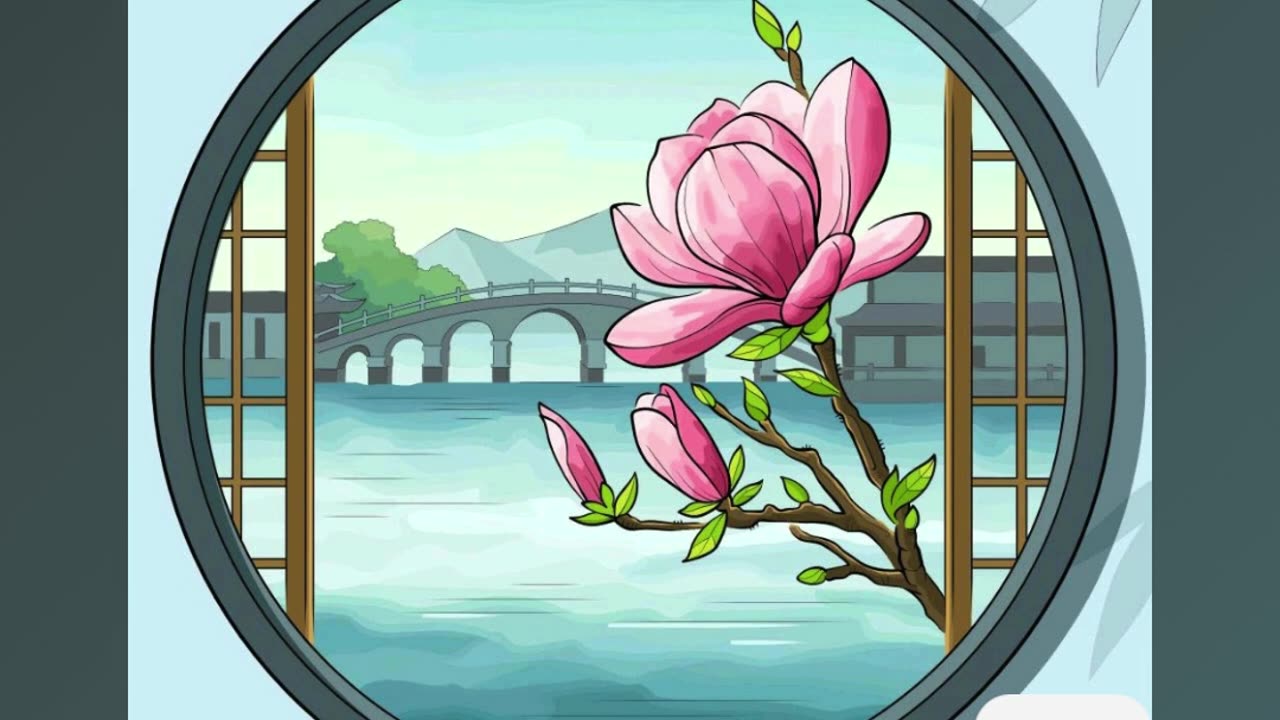 Peaceful Scene with Blooming Flowers Framed by Circular Window Over River