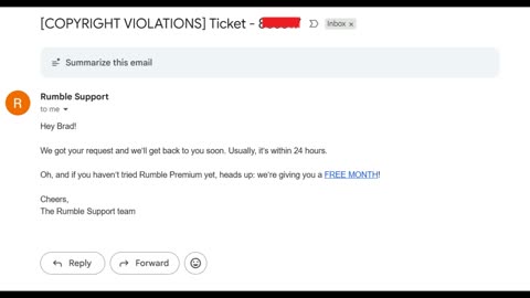 Reply From Rumble Support, Ticket # For Initiated Copyright Violations Case