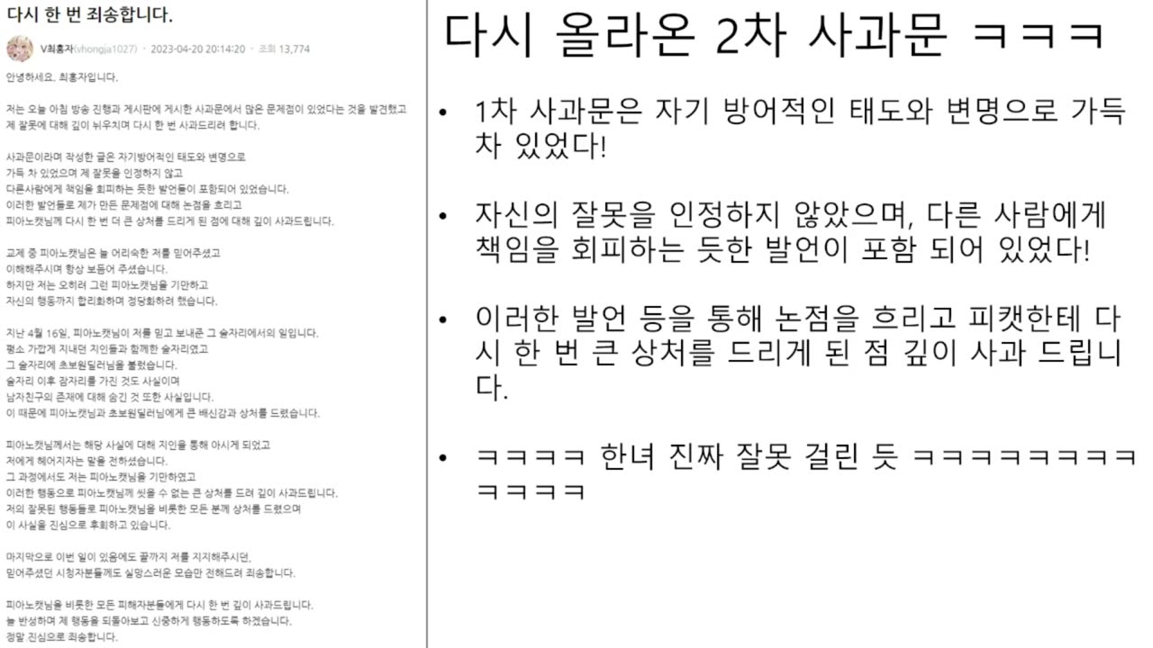 피아노캣 전 여친 최홍자 2차 사과문