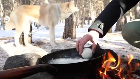 Cooking Rice Balls with Teriyaki Sauce in the Nature