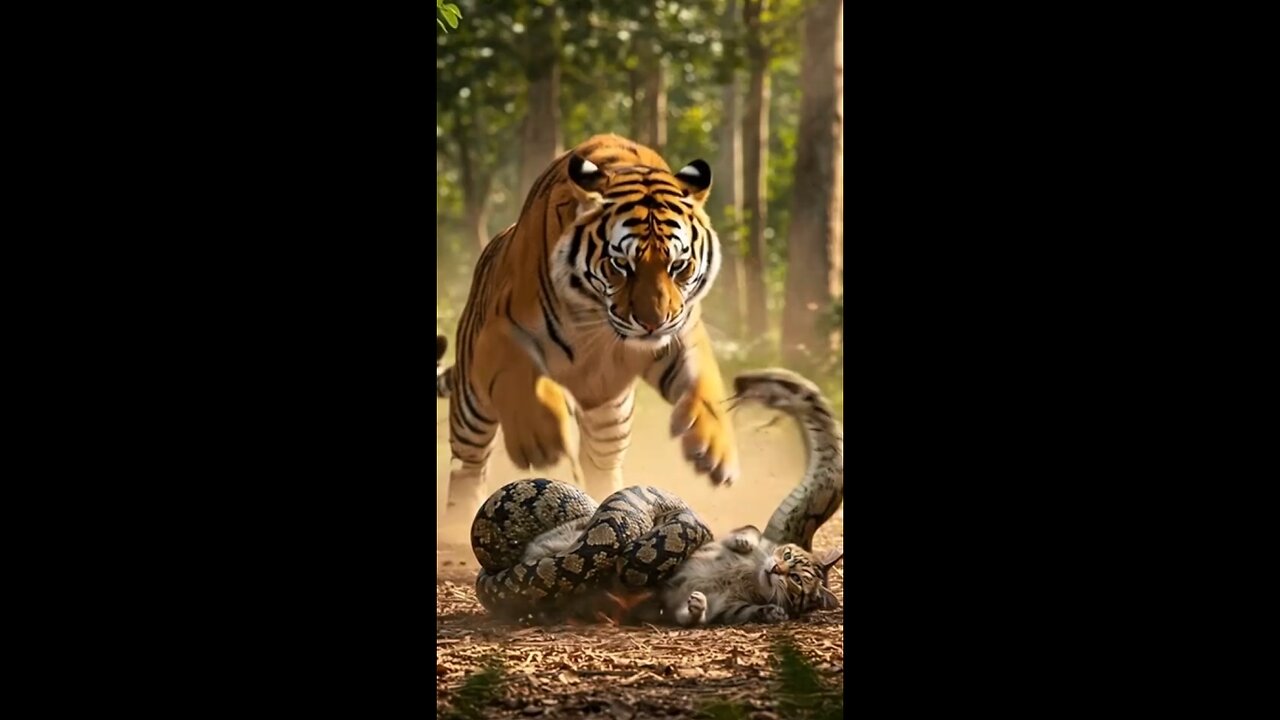 Shocking! A Tiger Rushes to Save a Cat from a Giant Python