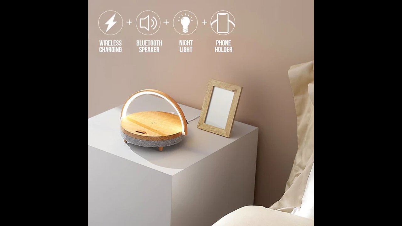 Multifunctional Bedside Table Lamp, with Phone Wireless Charger, Phone Holder, Bluetooth Speaker