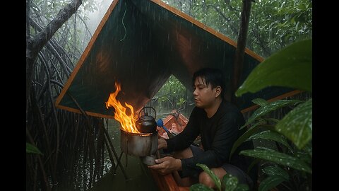 HEAVYRAIN SOLO CAMPING IN THE RIVER