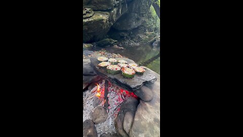 Cooking Zucchini Ring Kebab on Natural Stone | Outdoor Wood Fire Recipe Cooking Zucchini Ring Kebab