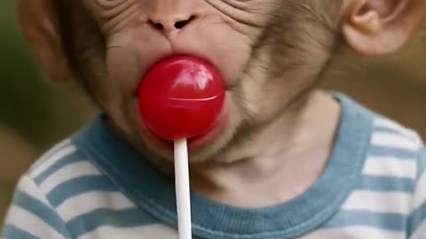 Baby Monkey Tastes Lollipop… Then smile
