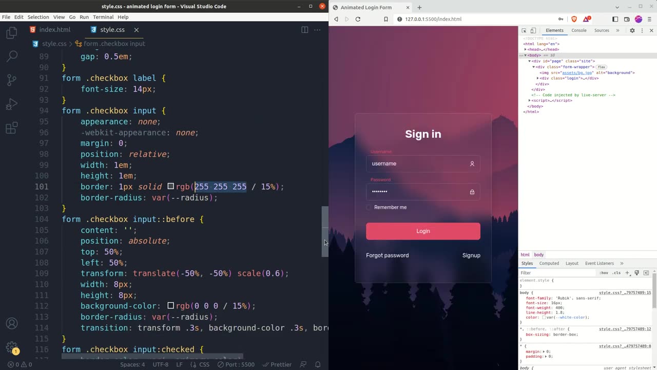 Animatede login form css