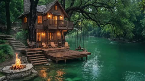 Peaceful Forest Cabin Ambience-Crackling Fire,Birds Chirping& River Sounds for Ultimate Relaxation