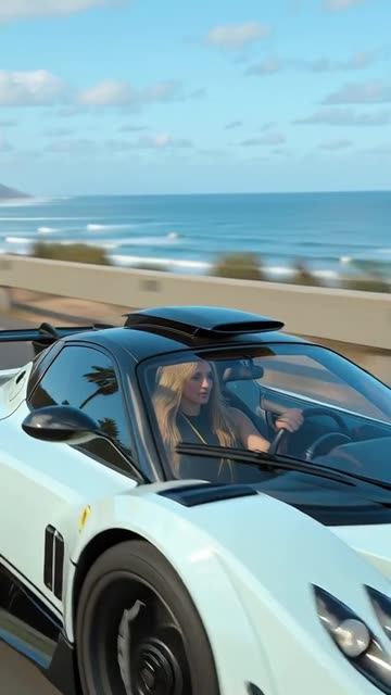 futuristic conceptual Pagani racing car with a long haired blonde wearing sunglasses