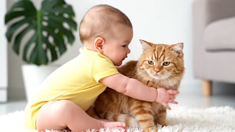 Baby playing each other's & Playing with cat