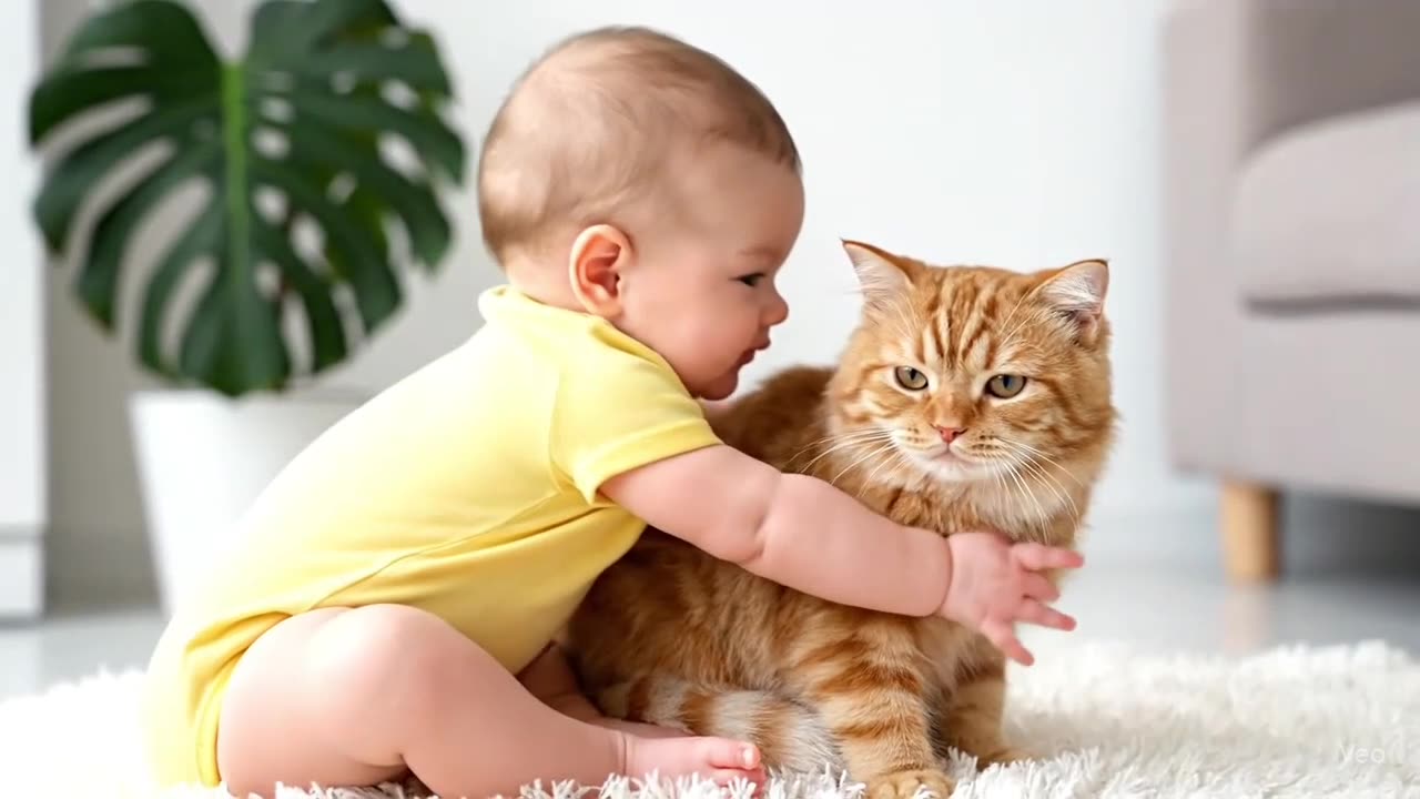Baby playing each other's & Playing with cat