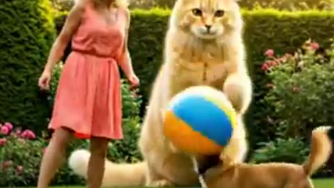 cute cat, dog playing ball with pretty lady🐈🐕