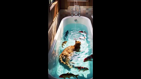 cat in bath tub with goldstar fishes