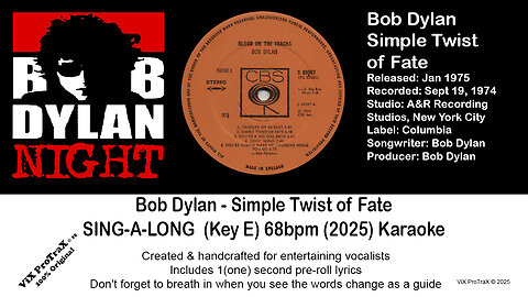 Bob Dylan - Simple Twist of Fate - SING-A-LONG (Key E) 68bpm (2025) Karaoke