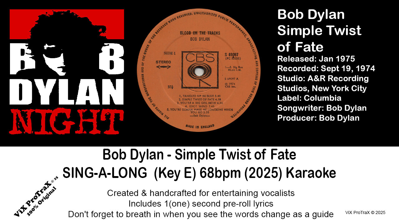 Bob Dylan - Simple Twist of Fate - SING-A-LONG (Key E) 68bpm (2025) Karaoke