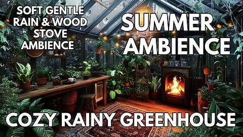 ☔️ Cozy Rainy Greenhouse Ambience | Soft Gentle Rain & Wood Stove | 4K Summer ASMR