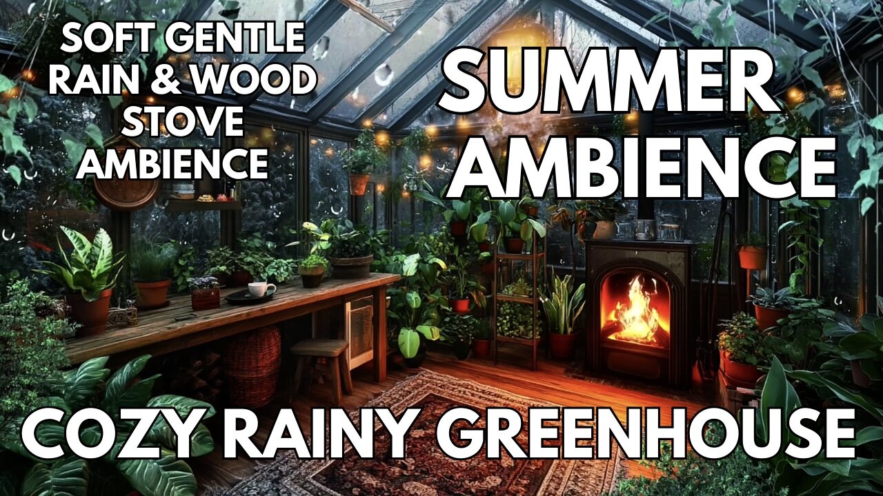 ☔️ Cozy Rainy Greenhouse Ambience | Soft Gentle Rain & Wood Stove | 4K Summer ASMR