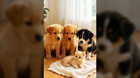 Three Puppies, One Tiny Kitten AI Generated