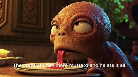 A curious alien lands and eats random food items.