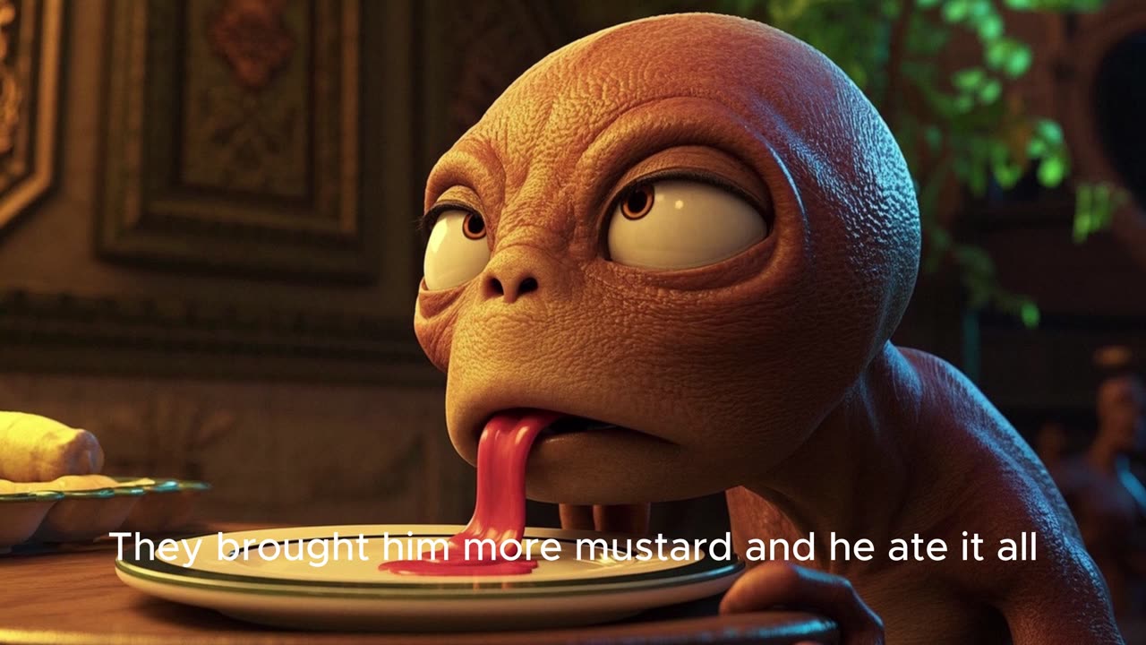 A curious alien lands and eats random food items.