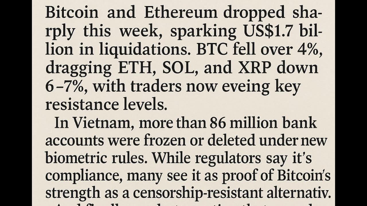$1.7B liquidated – BTC dropped over 4%, dragging ETH, SOL, and XRP down 6–7%.