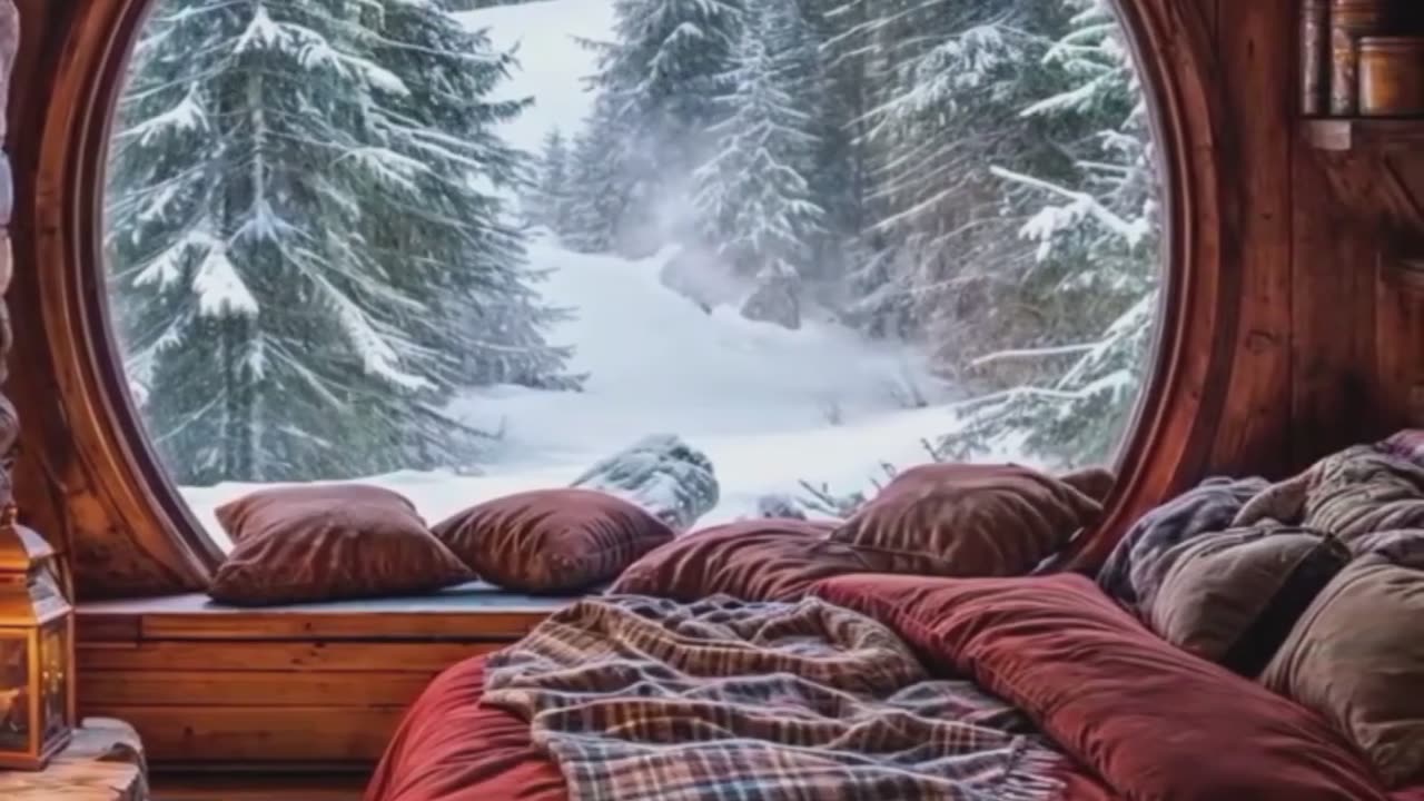 Rustic Winter Cabin Retreat with Round Window, Fireplace, Snowy Forest View, Wooden.