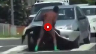 Dude wearing nothing but green socks attacks a moving car...Guess who?💥💥🚗